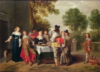 Compagnie élégante assise à une table dans un jardin formel - Christoffel Jacobsz van der Lamen